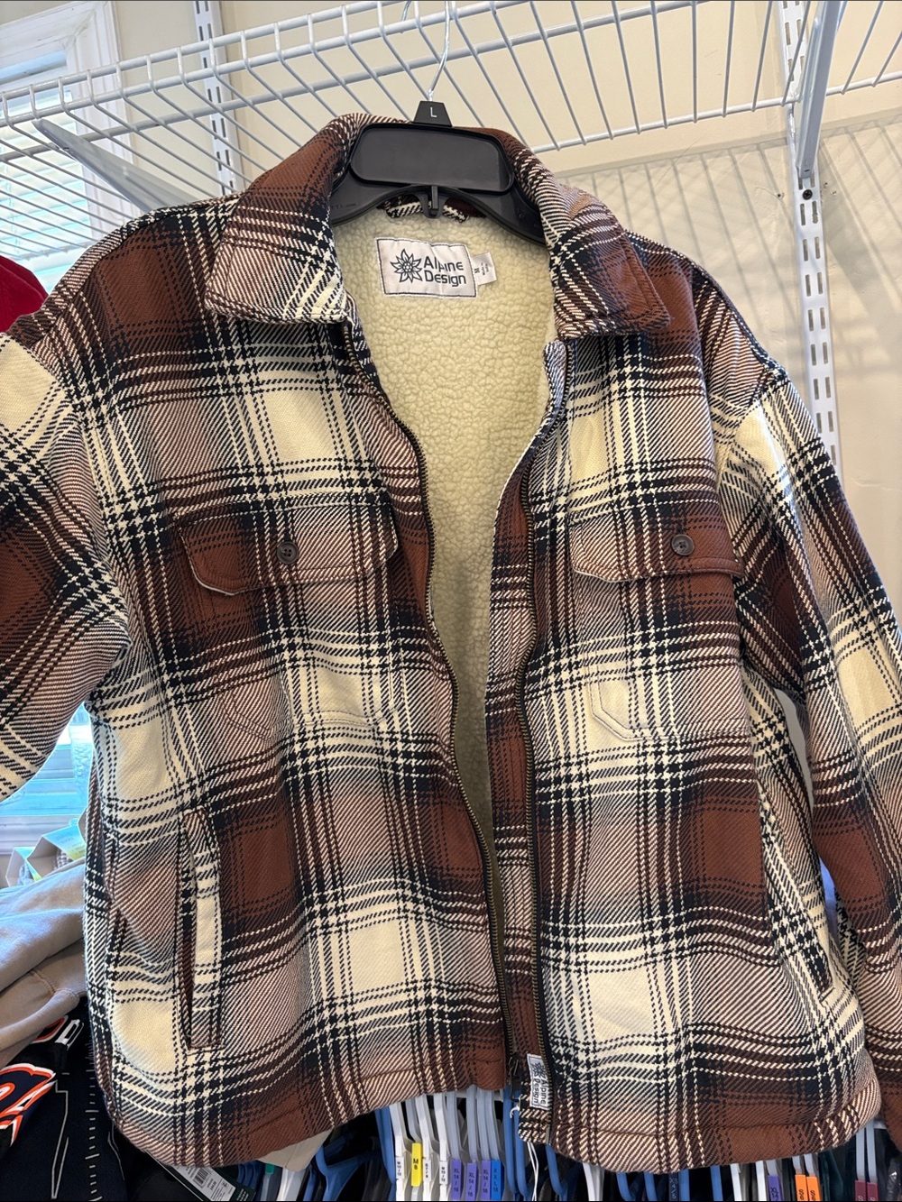 Alpine Design Brown and Cream Plaid Sherpa-Lined Shirt Jacket